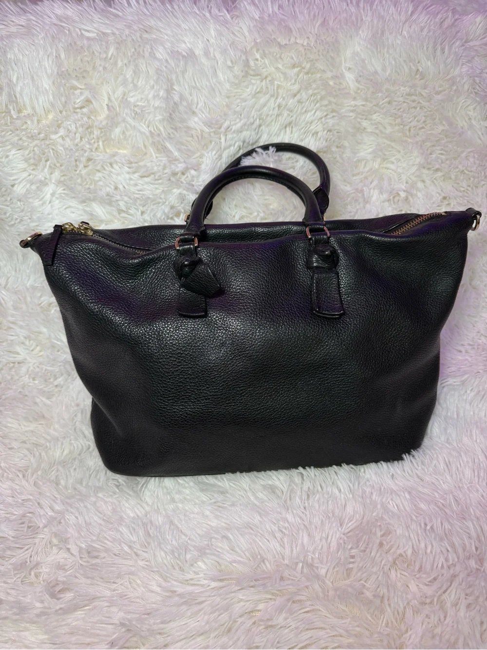 Tory Burch Thea Medium Black Slouchy Pebbled Leather Satchel Embossed Logo Gold